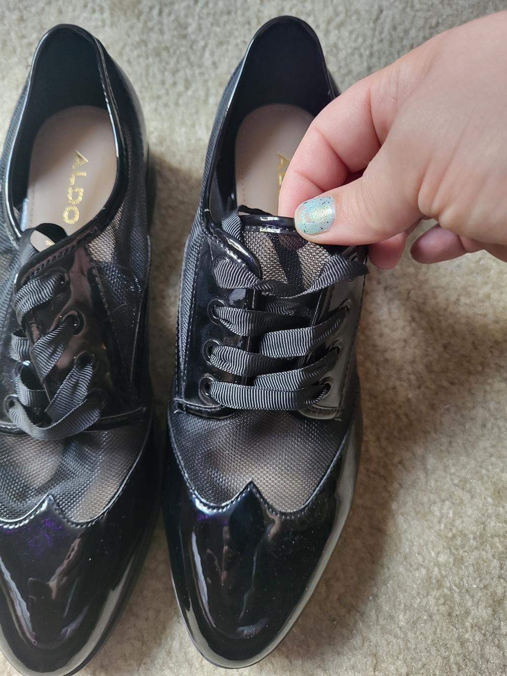 ALDO Kedaema Black Patent And Mesh Ribbon-lace Oxfords - Picture 2 of 7